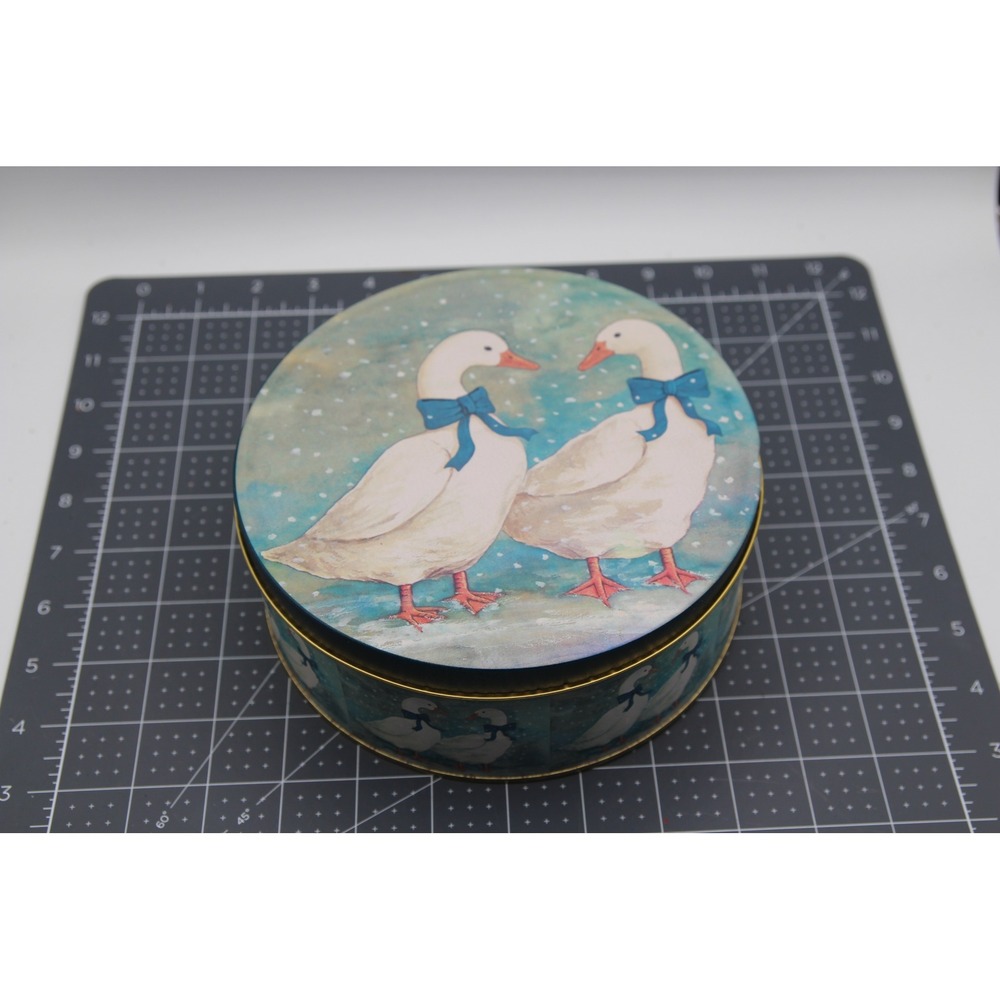 Vintage Goose Blue Bow Snowy Teal Round Metal Cookie Tin Decorative Canister